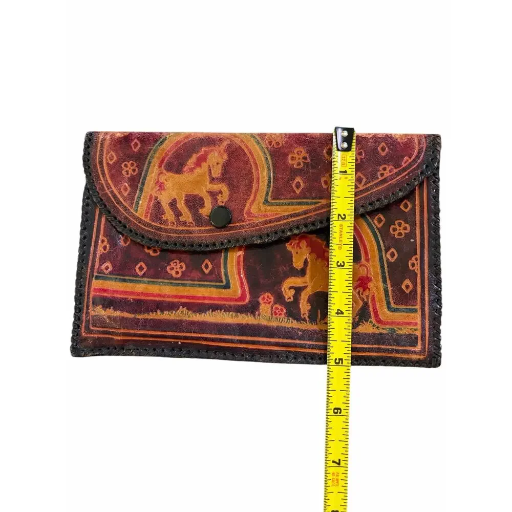 Vintage Shantiniketan Tooled Leather Unicorn Clutch Wallet Boho Handcrafted